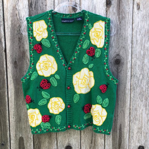 Vintage Sweaters Vintage Cottagecore Knit Ladybug And Flowers